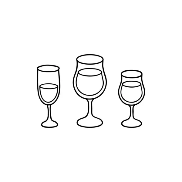 Doodle Outline Wine Champagne Glasses Isolated White Background — Stock Vector