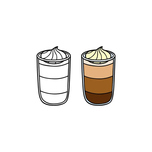 Doodle Outline Gekleurde Latte Macchiatto Koffie Glas Geïsoleerd Witte Achtergrond — Stockvector