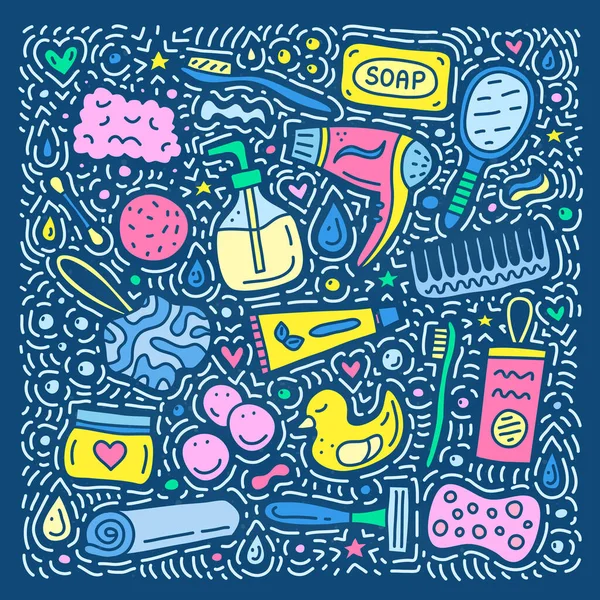 Set Doodle Colorido Baño Iconos Higiene Aislados Sobre Fondo Azul — Archivo Imágenes Vectoriales