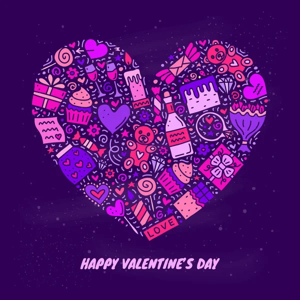 Iconos Día San Valentín Doodle Coloreado Compuesto Forma Corazón — Vector de stock
