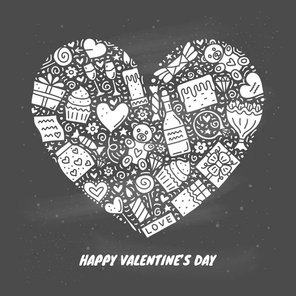 Día San Valentín Doodle Iconos Compuestos Forma Corazón — Vector de stock