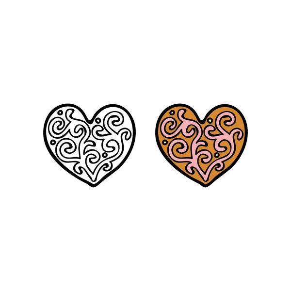 白色背景下孤立的涂鸦状轮廓和彩色心形饼干 — 图库矢量图片
