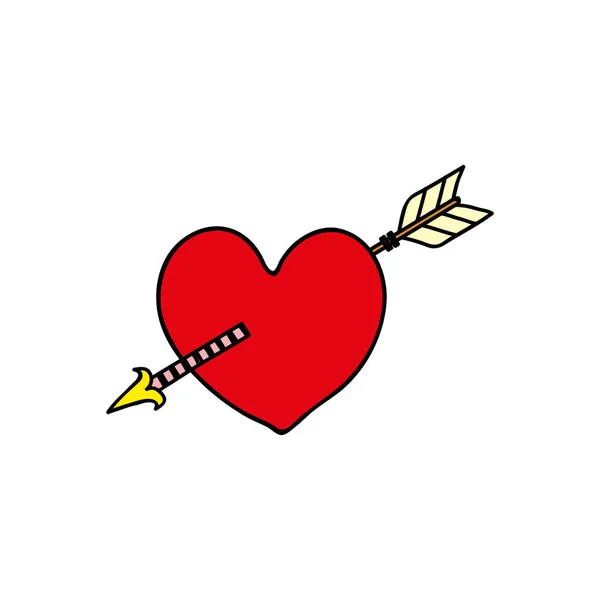 Doodle Rotes Herz Mit Pfeil Isoliert Auf Weißem Hintergrund — Stockvektor