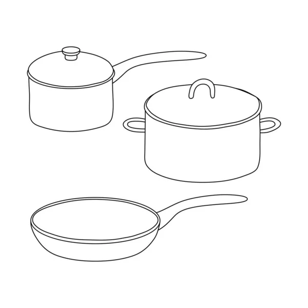 Hand Drawn Outline Kitchen Pan Pots Isolated White Background — Stock Vector