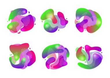 Beyaz arkaplanda izole edilmiş renkli sıvı dinamik gradyan şekilleri grupları.