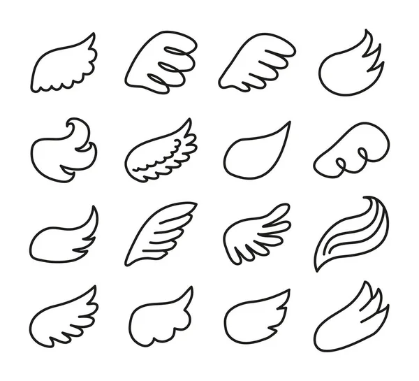 Set Van Verschillende Doodle Omtrek Engel Vleugels Geïsoleerd Witte Achtergrond — Stockvector