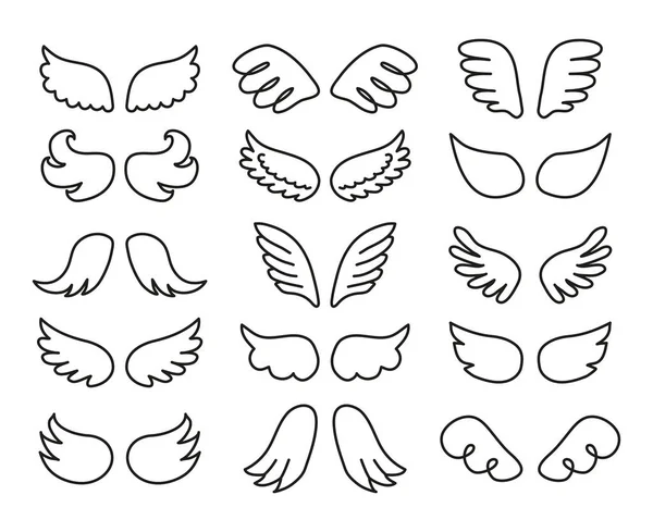 Set Van Verschillende Doodle Omtrek Engel Vleugels Geïsoleerd Witte Achtergrond — Stockvector