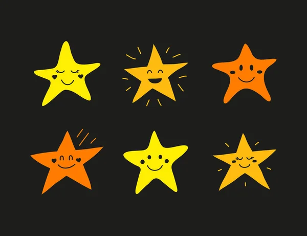 Set Von Kritzelfarbenen Stern Glücklich Charakter Symbole Isoliert Auf Schwarzem — Stockvektor