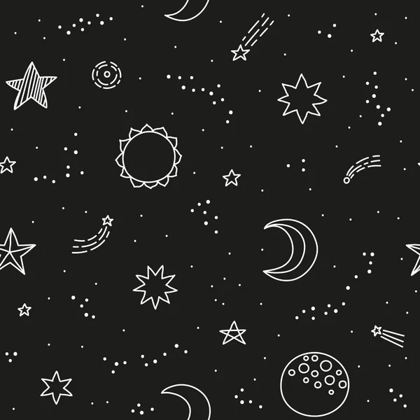 Padrão Espaço Sem Costura Preto Branco Com Doodle Delinear Estrelas —  Vetores de Stock