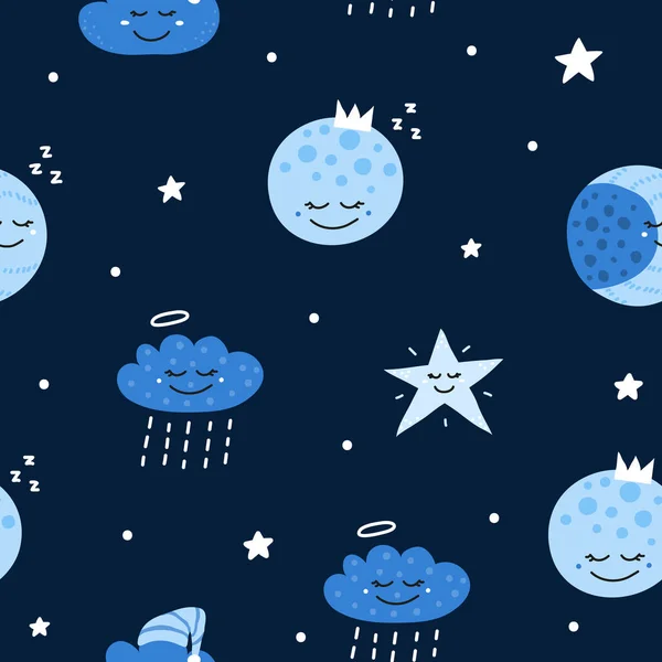 Schattig Naadloos Patroon Met Doodle Maan Sterren Wolken Scandinavische Stijl — Stockvector