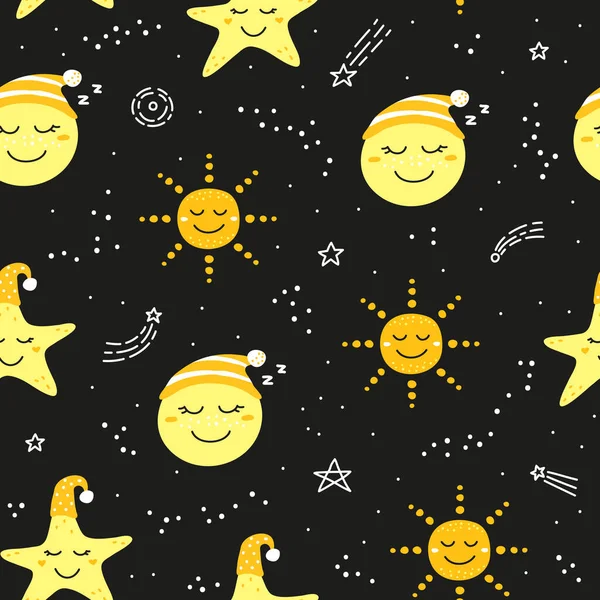 Lindo Patrón Sin Costuras Con Luna Garabatos Estrellas Sol Estilo — Vector de stock