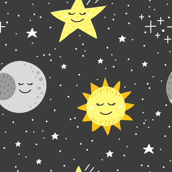 Mignon Motif Sans Couture Avec Doodle Lune Étoiles Soleil Dans — Image vectorielle