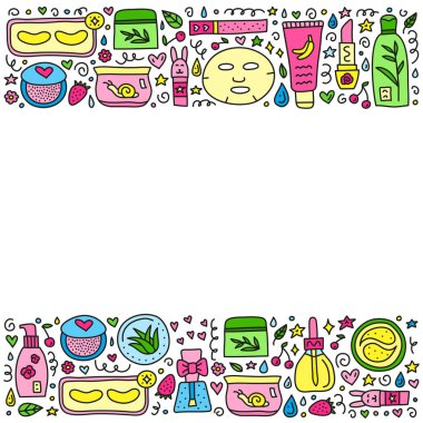 Üzerinde şirin karalama, renkli Asya kozmetik ürünleri, girdaplar, semboller olan bir poster..