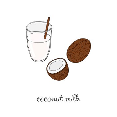 Camda el çizimi hindistan cevizi sütü ve beyaz arka planda saman var..