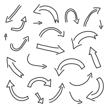 Beyaz arkaplanda izole edilmiş el çizimi işaret okları kümesi.