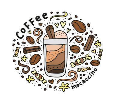 Şirin karalama mocaccino kahve, içecek, şeker, baharat, etrafta noktalar olan posterler..