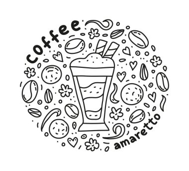 İçinde güzel amaretto kahve, fasulye, kurabiye, baharat olan posterler..