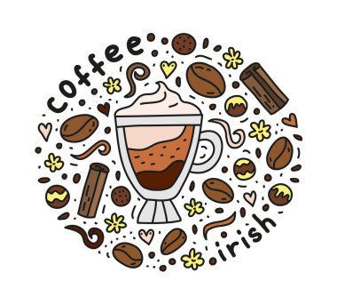 Tatlı karalama İrlanda kahvesi, kahve, fasulye, şeker, baharat, etrafta noktalar olan posterler..