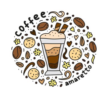 İçinde güzel amaretto kahve, fasulye, kurabiye, baharat olan posterler..