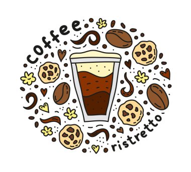 Tatlı karalamalı afiş kahve, fasulye, kurabiye, baharat, etrafta noktalar..