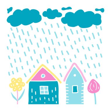 Beyaz arka planda şirin İskandinav karalama evleri, ağaç, çiçek ve yağmurlu bulutlar.