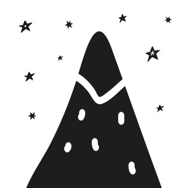 Siyah karalama dağının ve beyaz arka planda yıldızların olduğu basit bir İskandinav posteri..