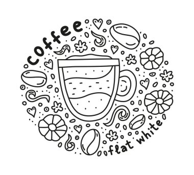 Tatlı, düz beyaz kahve, kahve, fasulye, kurabiye, baharat ve etrafta noktalar olan posterler..