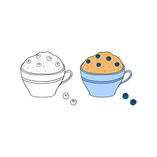 Handgezeichnete Umrisse Und Farbige Tasse Kuchen Mit Blaubeeren Isoliert Auf — Stockvektor