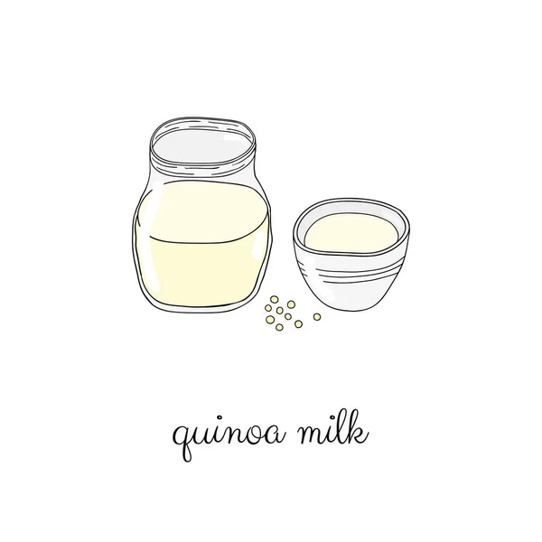 Handgetekende Gekleurde Quinoa Melk Glazen Fles Mok Geïsoleerd Witte Achtergrond — Stockvector