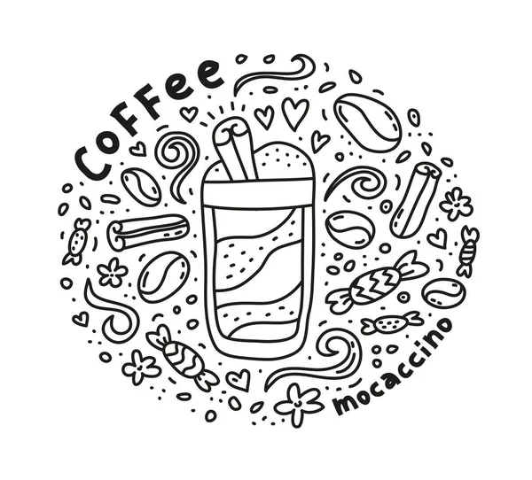 Poster Mit Niedlichem Doodle Mocaccino Kaffeegetränk Und Bohnen Bonbons Gewürzen — Stockvektor