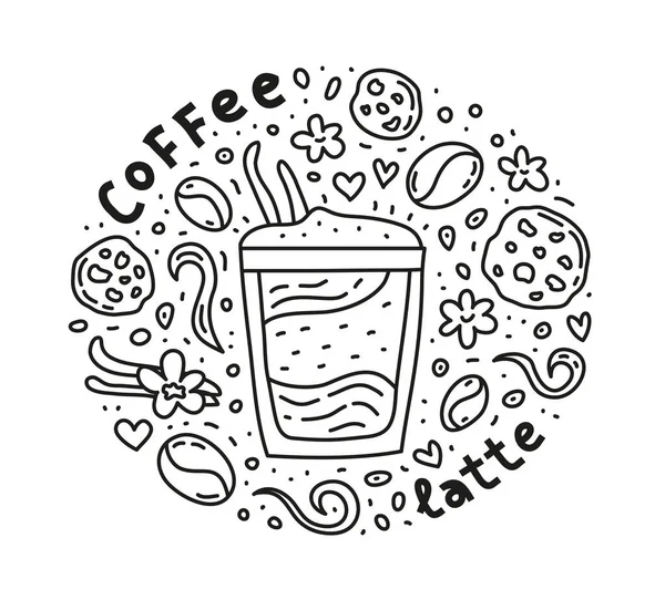 Affisch Med Söta Doodle Latte Kaffe Dryck Och Bönor Kakor — Stock vektor