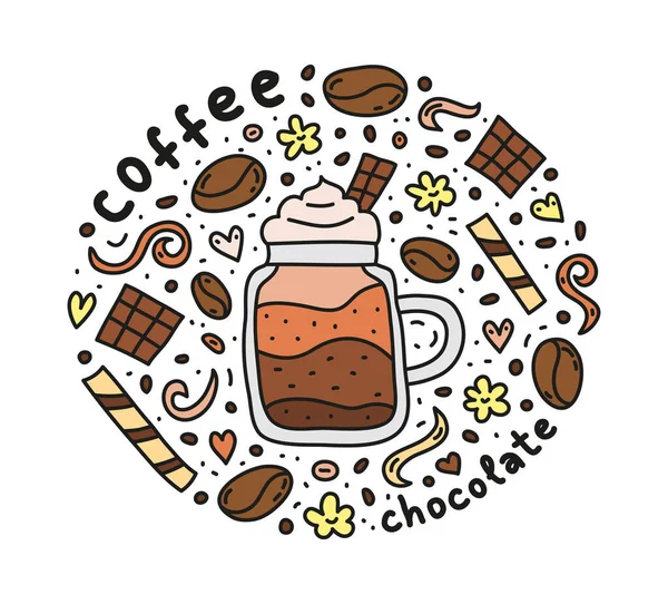 Cartel Con Bebida Café Chocolate Lindo Garabato Frijoles Gofres Especias — Vector de stock