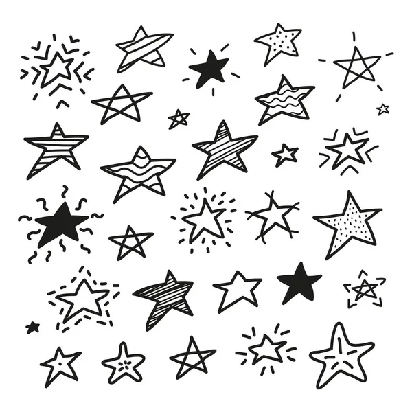 Set Von Verschiedenen Doodle Sternen Isoliert Auf Weißem Hintergrund — Stockvektor