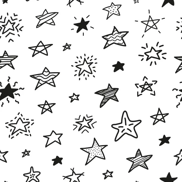 Schwarz Weißes Nahtloses Muster Mit Kritzeligen Abstrakten Sternen — Stockvektor