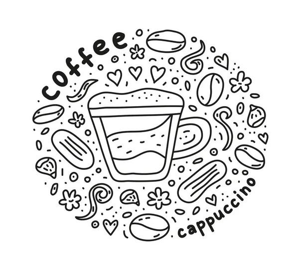 Poster Mit Niedlichem Doodle Cappuccino Kaffeegetränk Und Bohnen Keksen Gewürzen — Stockvektor