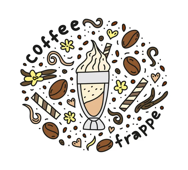 Şirin karalama frappe kahve, içecek ve fasulye, waffle, baharatlar, etrafta noktalar.