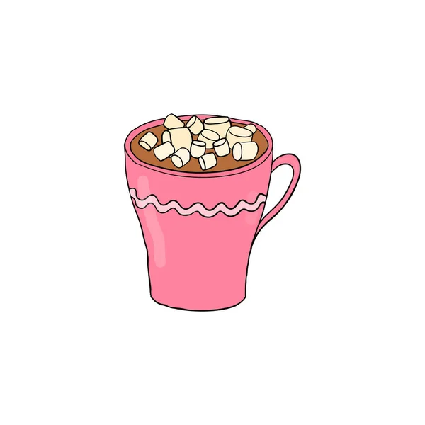 Ručně Kreslené Barevné Kakao Marshmallow Růžovém Šálku Izolované Bílém Pozadí — Stockový vektor
