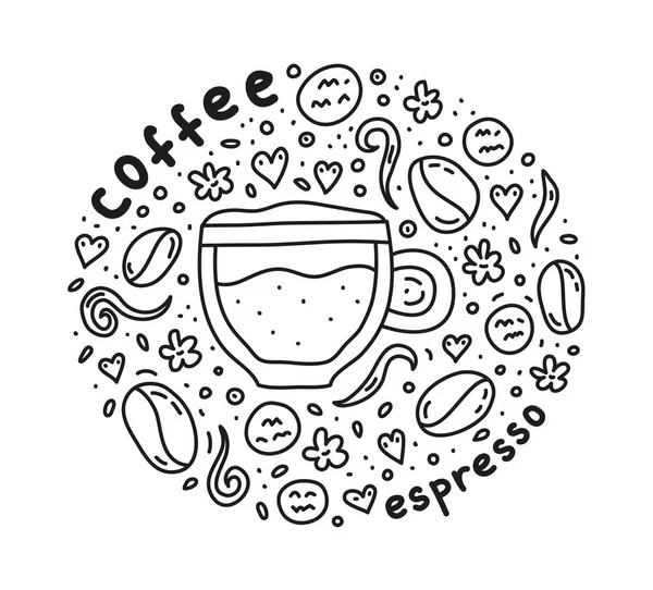 Poster Dengan Minuman Kopi Doodle Espresso Lucu Dan Kacang Kacangan - Stok Vektor