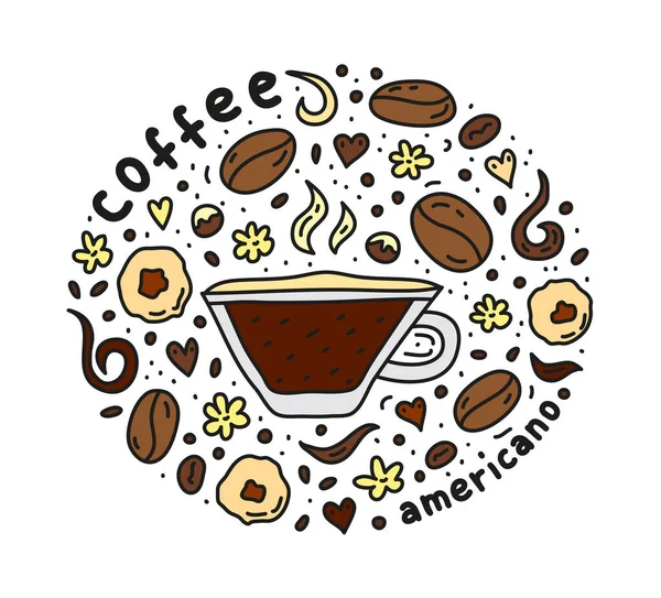 Αφίσα Χαριτωμένο Doodle Americano Καφέ Ποτό Και Φασόλια Μπισκότα Καραμέλες — Διανυσματικό Αρχείο