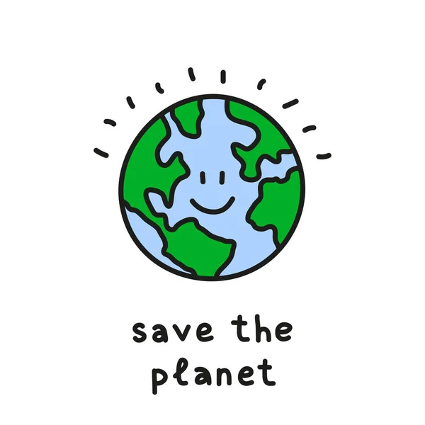 Doodle Planeta Tierra Sonriente Color Con Letras Salvar Planeta Aislado — Vector de stock