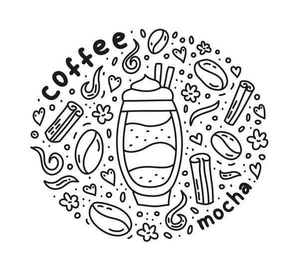 Poster Mit Süßem Doodle Mokka Kaffeegetränk Und Bohnen Gewürzen Blumen — Stockvektor