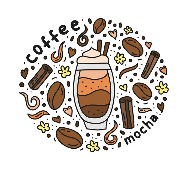 Αφίσα Χαριτωμένο Doodle Mocha Καφέ Ποτό Και Φασόλια Μπαχαρικά Λουλούδια — Διανυσματικό Αρχείο