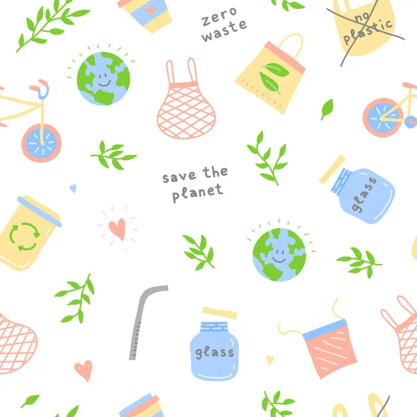 Απρόσκοπτη Μοτίβο Σκίτσα Χρωματιστά Οικολογικά Εικονίδια Έννοια Μηδενικής Ζωής Αποβλήτων — Διανυσματικό Αρχείο