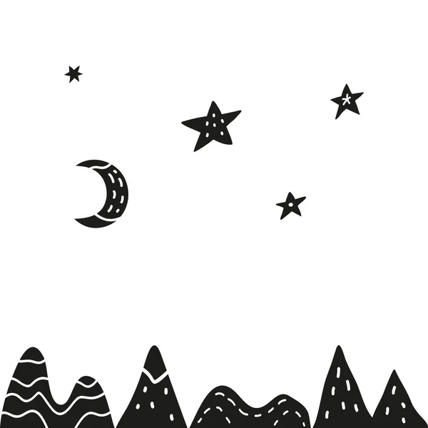 白い背景に黒いドアの山 月と星とシンプルなスカンジナビアのポスター — ストックベクタ