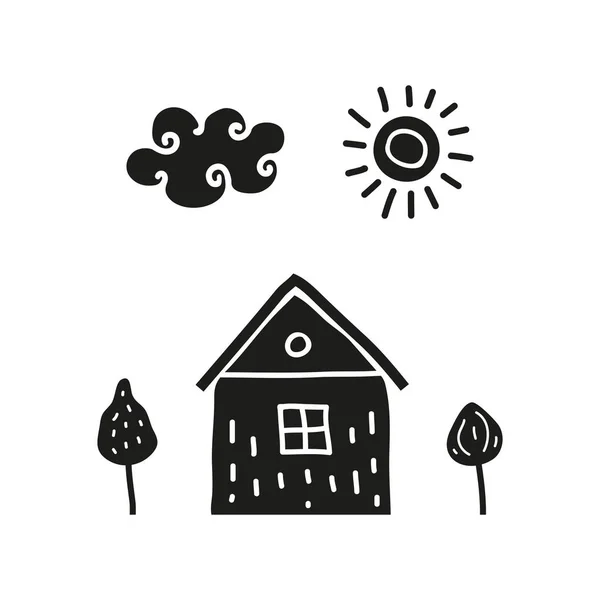 Eenvoudige Scandinavische Poster Met Zwart Doodle Huis Bomen Zon Wolk — Stockvector