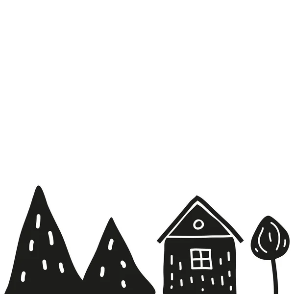 Eenvoudige Scandinavische Poster Met Zwart Doodle Huis Boom Bergen Witte — Stockvector