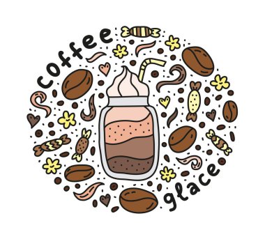 Tatlı karalama buzlu kahve, kahve, fasulye, şeker, baharat ve etrafta noktalar olan posterler..