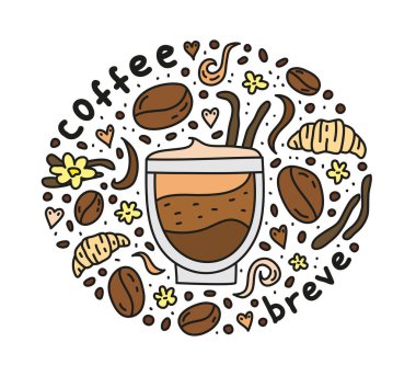 Tatlı karalamalı posterler kahve, fasulye, kruvasan, baharatlar, etrafta noktalar..