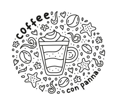 Sevimli karalama panna kahve, kahve, fasulye, kurabiye, baharat ve etrafta noktalar olan poster..