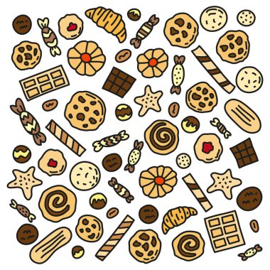 Beyaz arkaplanda karalama renkli kurabiyeler, waffle ve şekerler var..